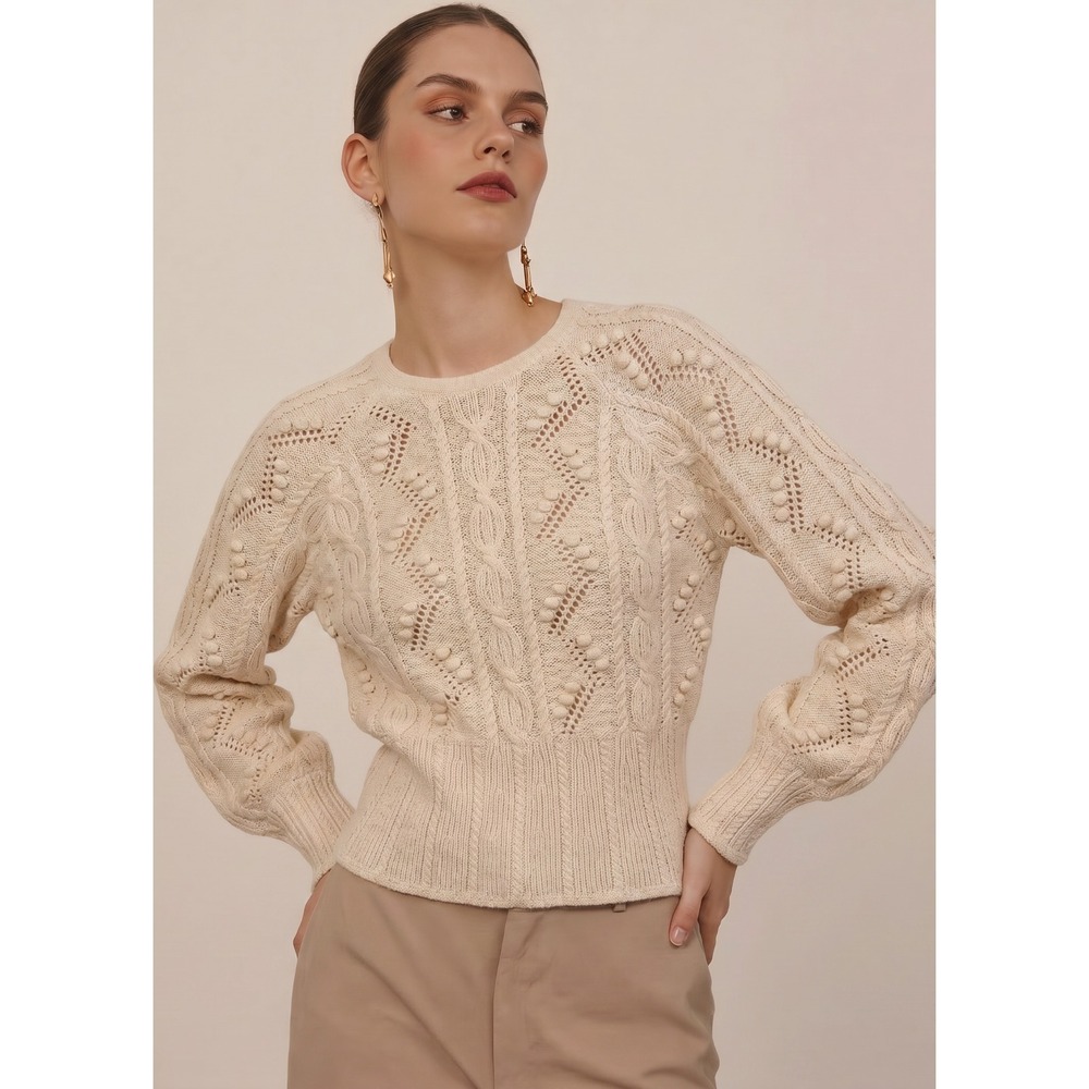 NWOT Vero Moda Women's Cable Knit Bobble Sweater Flare Hem White Cream Size M